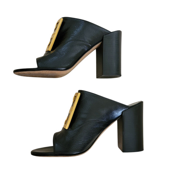 Givenchy Black Leather Logo Monogram 4G Mules Heeled Sandals 7.5 37.5 - Picture 10 of 13